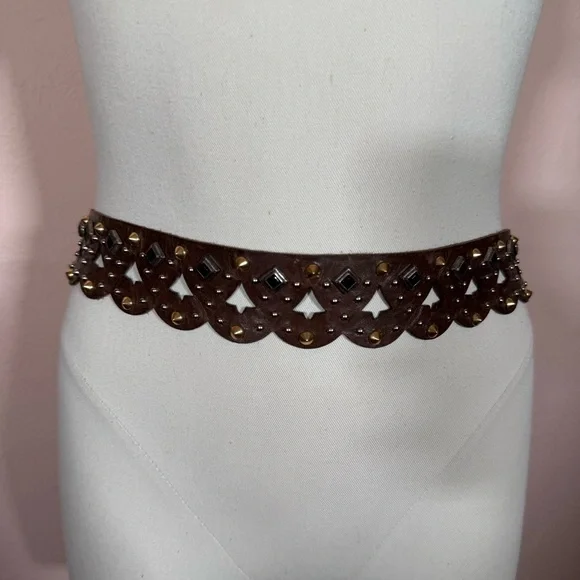 Etro Milano Brown Leather Metal Studded bikercore belt size 31 to 33